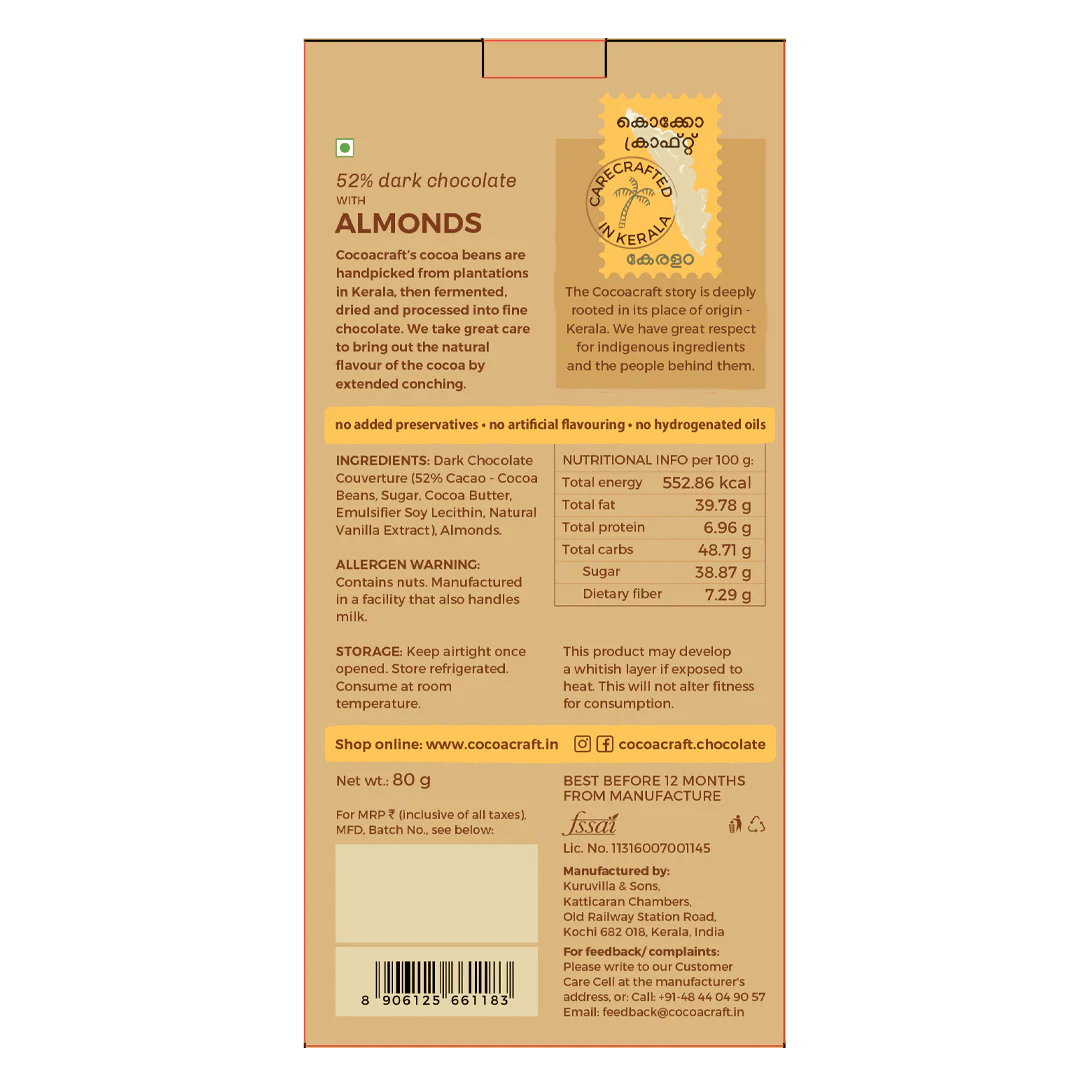 52% Dark Chocolate with Roasted Almonds - Cocoacraft - Freshmills