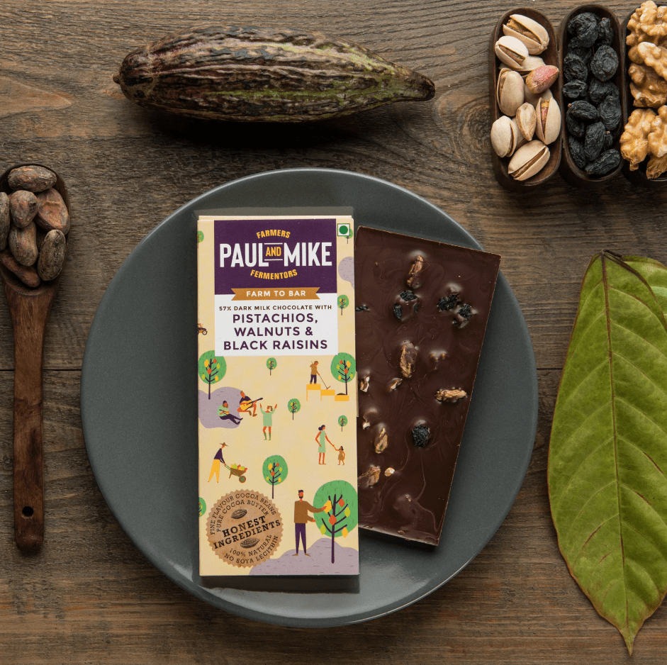 57% Dark Milk Chocolate with Pistachios, Walnuts & Black Raisins - Paul & Mike - Freshmills