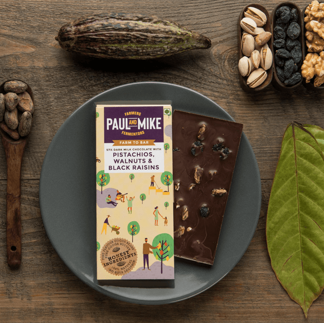 57% Dark Milk Chocolate with Pistachios, Walnuts & Black Raisins - Paul & Mike - Freshmills