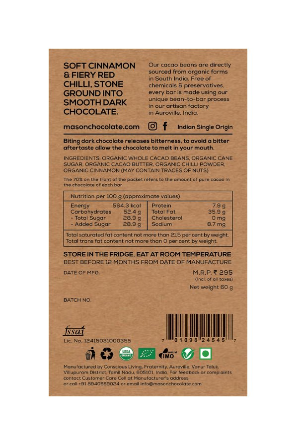 70% Chilli & Cinnamon Dark Chocolate Bar - Mason & Co - Freshmills