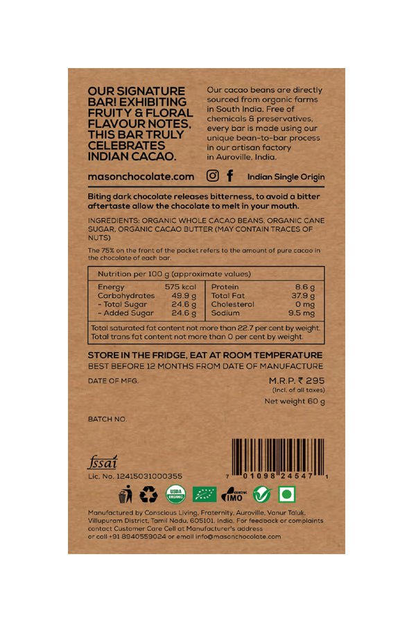 75% Bittersweet Dark Chocolate Bar - Mason & Co - Freshmills