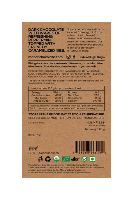 75% Peppermint & Sweet Nibs Dark Chocolate Bar - Mason & Co - Freshmills