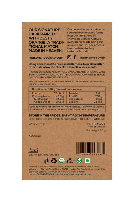 75% Zesty Orange Dark Chocolate Bar - Mason & Co - Freshmills