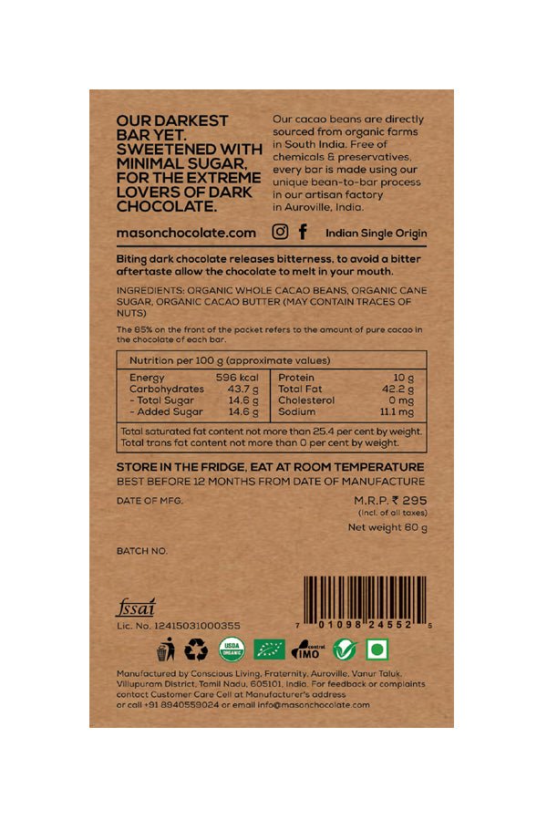 85% Intense Dark Chocolate Bar - Mason & Co - Freshmills