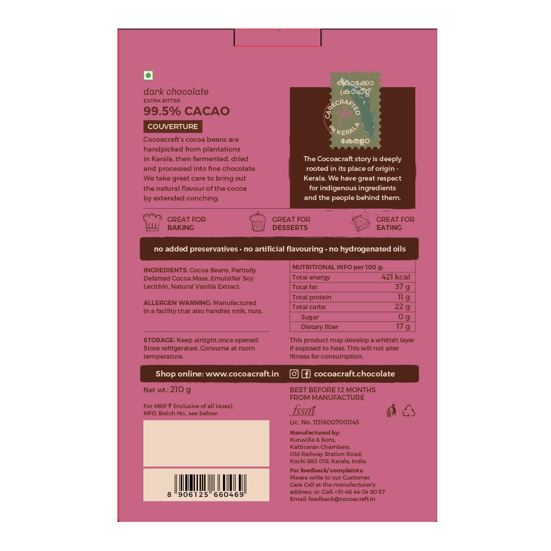 99.5% Cocoa Extra Bitter Dark Chocolate Couverture - Cocoacraft - Freshmills