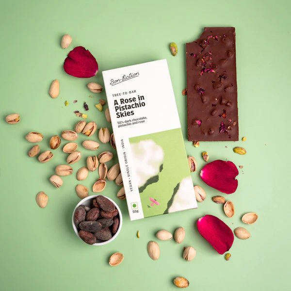 A Rose In Pistachio Skies - 55% Dark Rose Pistachio Chocolate - Bon Fiction - Freshmills