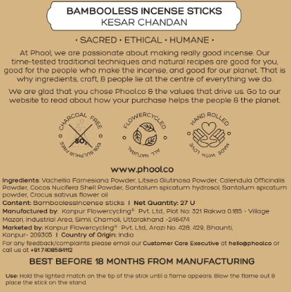 Bambooless Incense Sticks - Kesar Chandan - phool - Freshmills