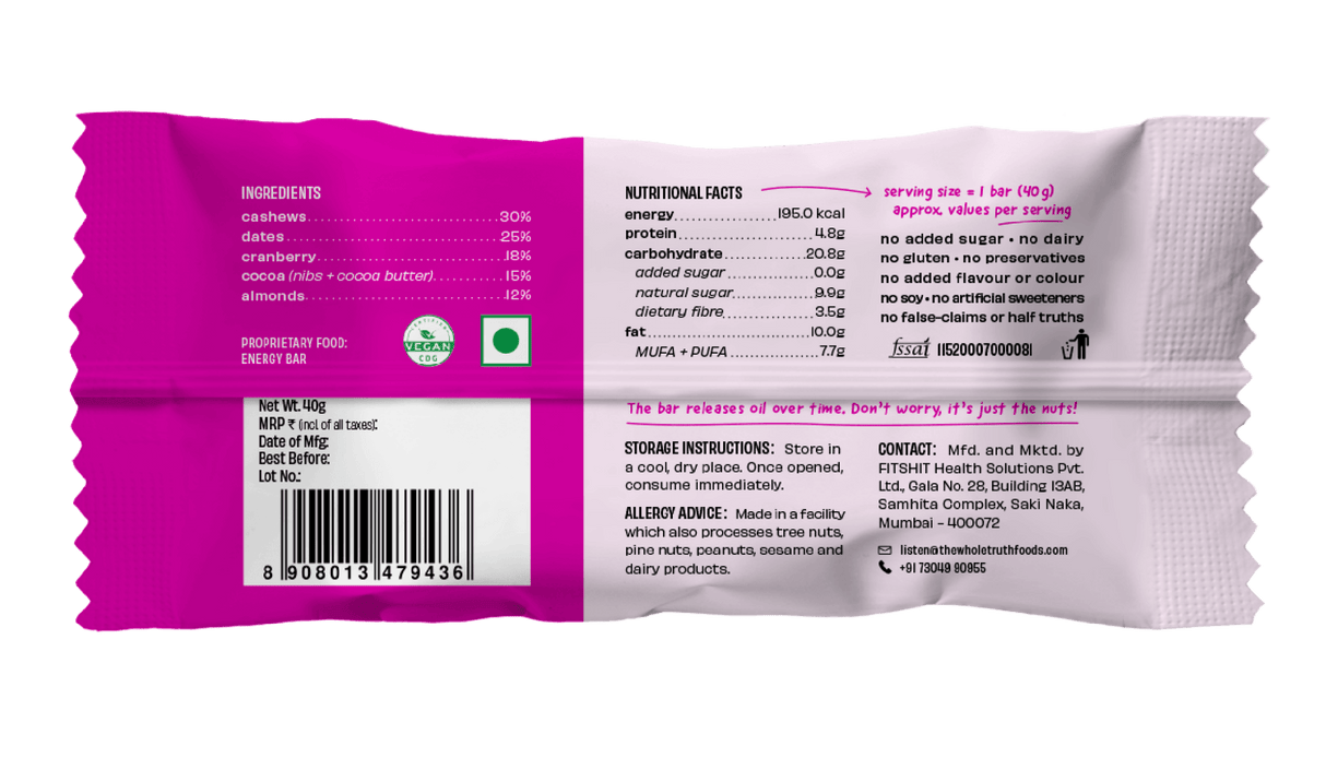 Cocoa Cranberry Fudge Energy bar - The Whole Truth - Freshmills