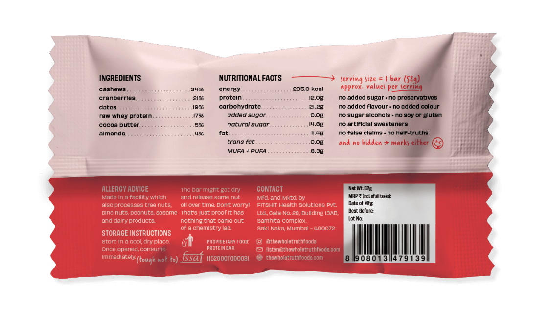 Cranberry Protein bar - The Whole Truth - Freshmills