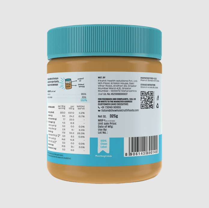 Date Sweetened Peanut Spread - Crunchy - The Whole Truth - Freshmills