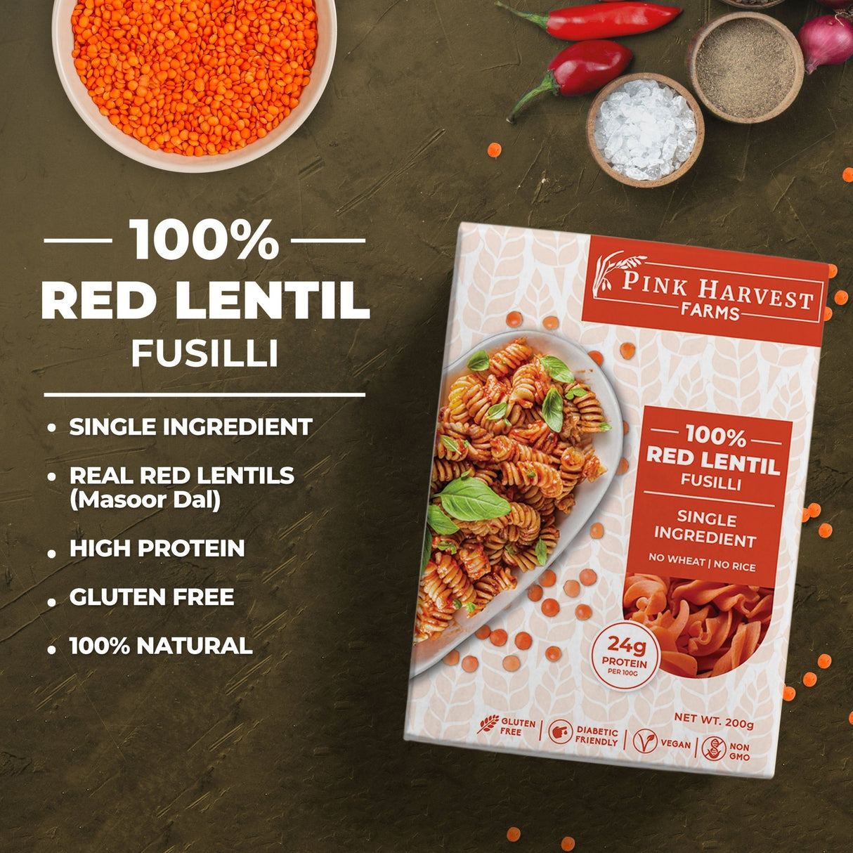 100% Red Lentil Fusilli Pasta - Pink Harvest - Freshmills