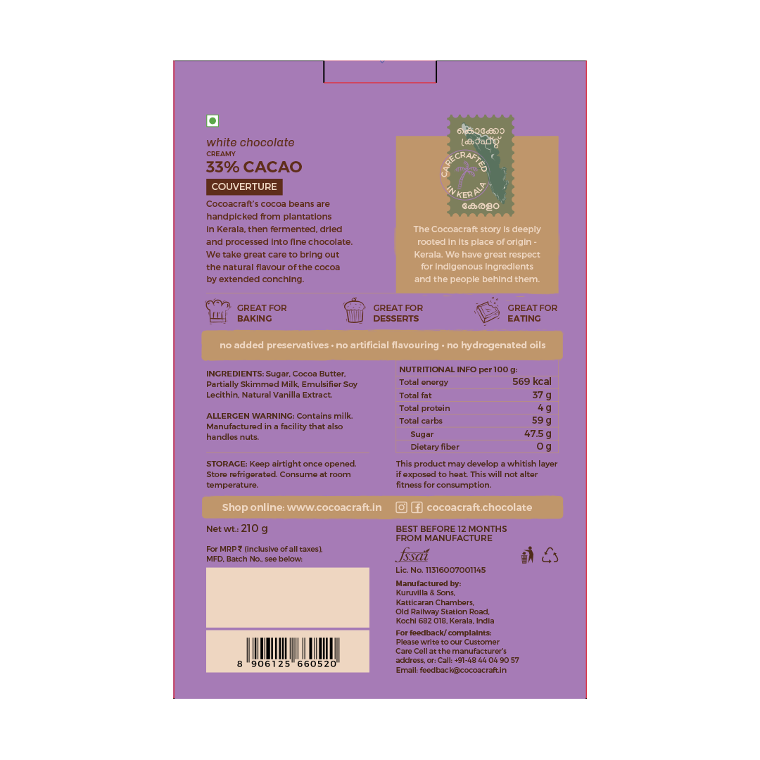 33% Cocoa White Chocolate Creamy Couverture - Cocoacraft - Freshmills