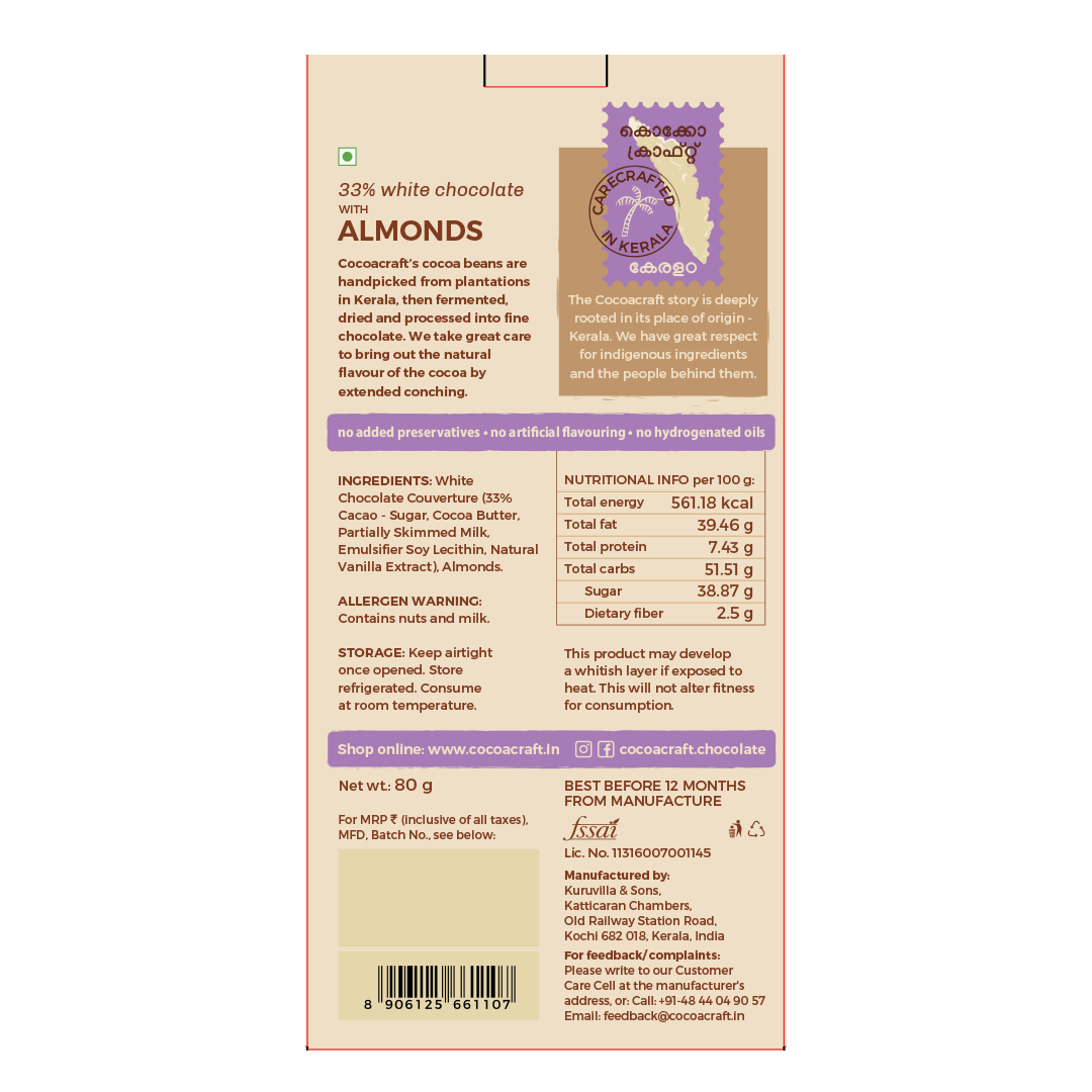 33% White Chocolate with Roasted Almonds - Cocoacraft - Freshmills