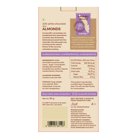 33% White Chocolate with Roasted Almonds - Cocoacraft - Freshmills