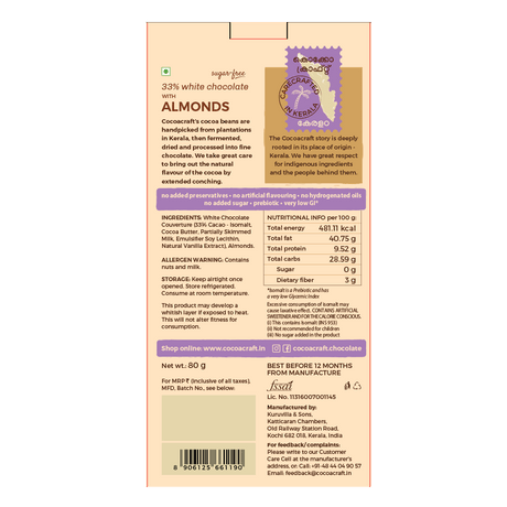 33% White Chocolate with Roasted Almonds (Sugar Free) - Cocoacraft - Freshmills