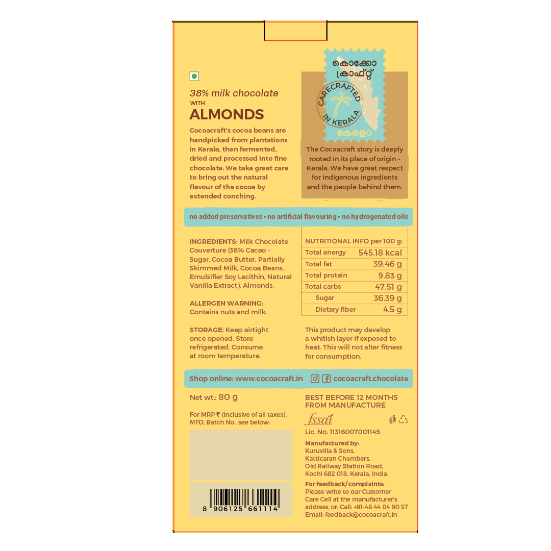 38% Milk Chocolate with Roasted Almonds - Cocoacraft - Freshmills