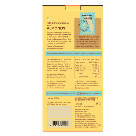 38% Milk Chocolate with Roasted Almonds - Cocoacraft - Freshmills