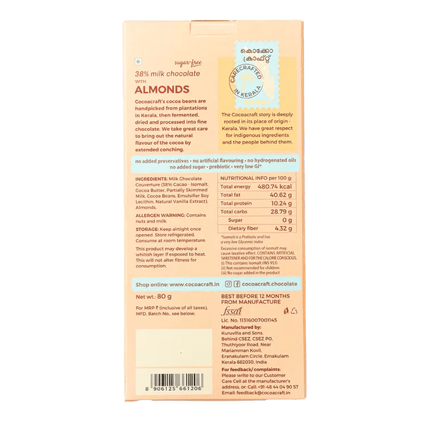 38% Milk Chocolate with Roasted Almonds (Sugar Free) - Cocoacraft - Freshmills
