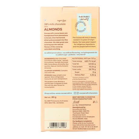 38% Milk Chocolate with Roasted Almonds (Sugar Free) - Cocoacraft - Freshmills