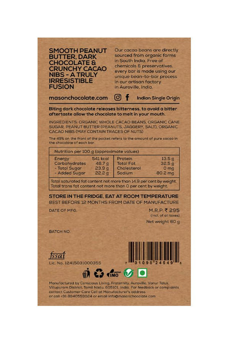 49% Crunchy Peanut Butter Dark Chocolate Bar - Mason & Co - Freshmills