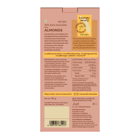 52% Dark Chocolate with Roasted Almonds (Sugar Free) - Cocoacraft - Freshmills