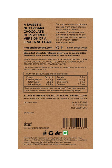 70% Black Sesame & Raisin Dark Chocolate Bar - Mason & Co - Freshmills