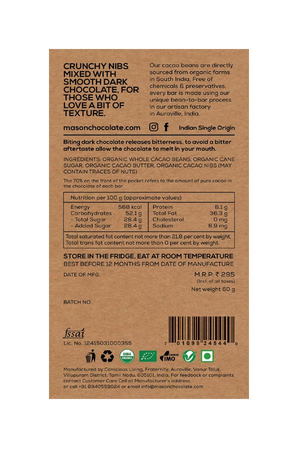 70% Cacao Chip Dark Chocolate Bar - Mason & Co - Freshmills