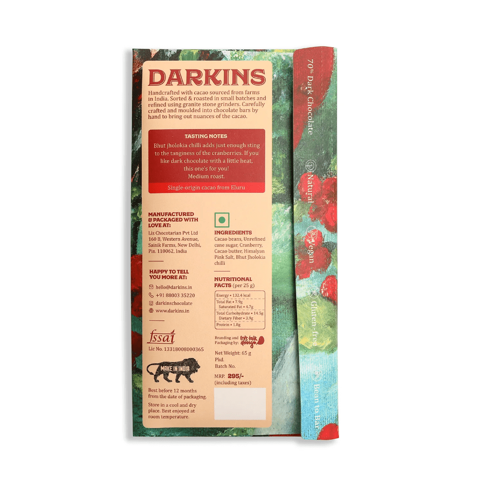 70% Dark Chocolate with Cranberry & Chilli - Darkins - Freshmills