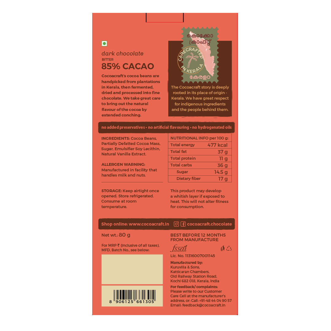 85% Cocoa Bitter Dark Chocolate - Cocoacraft - Freshmills