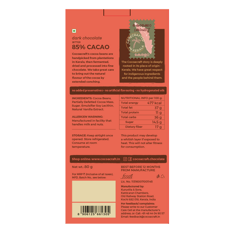85% Cocoa Bitter Dark Chocolate - Cocoacraft - Freshmills