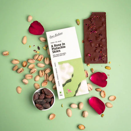 A Rose In Pistachio Skies - 55% Dark Rose Pistachio Chocolate - Bon Fiction - Freshmills