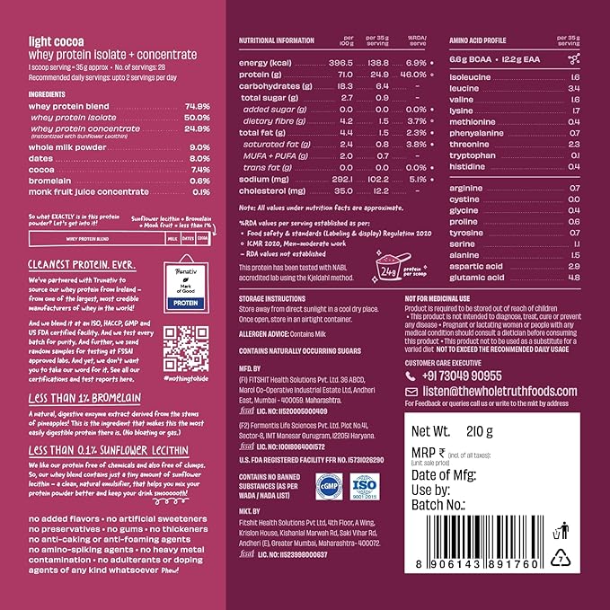 Light Cocoa Whey Protein Powder - The Whole Truth - Freshmills