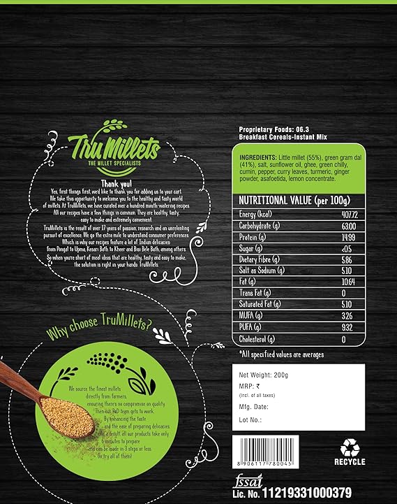 Little Millet Pepper Pongal - Tru millets - Freshmills