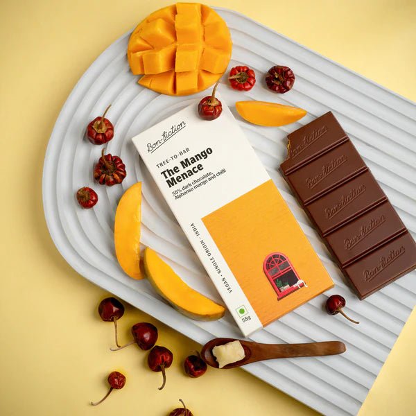 The Mango Menace - 55% Dark Alphonso Mango Chilli Chocolate - Bon Fiction - Freshmills