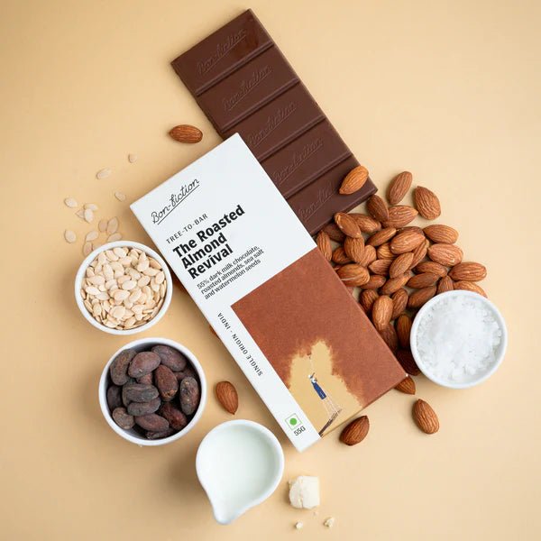 The Roasted Almond Revival 55% Dark Milk Roasted Almonds Chocolate - Bon Fiction - Freshmills