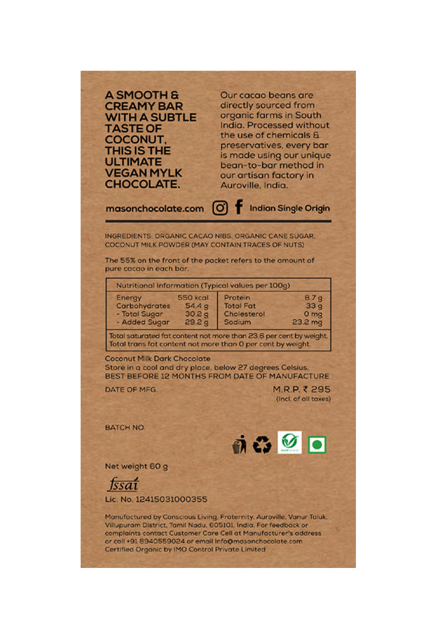 55% Coconut Milk Dark Chocolate Bar